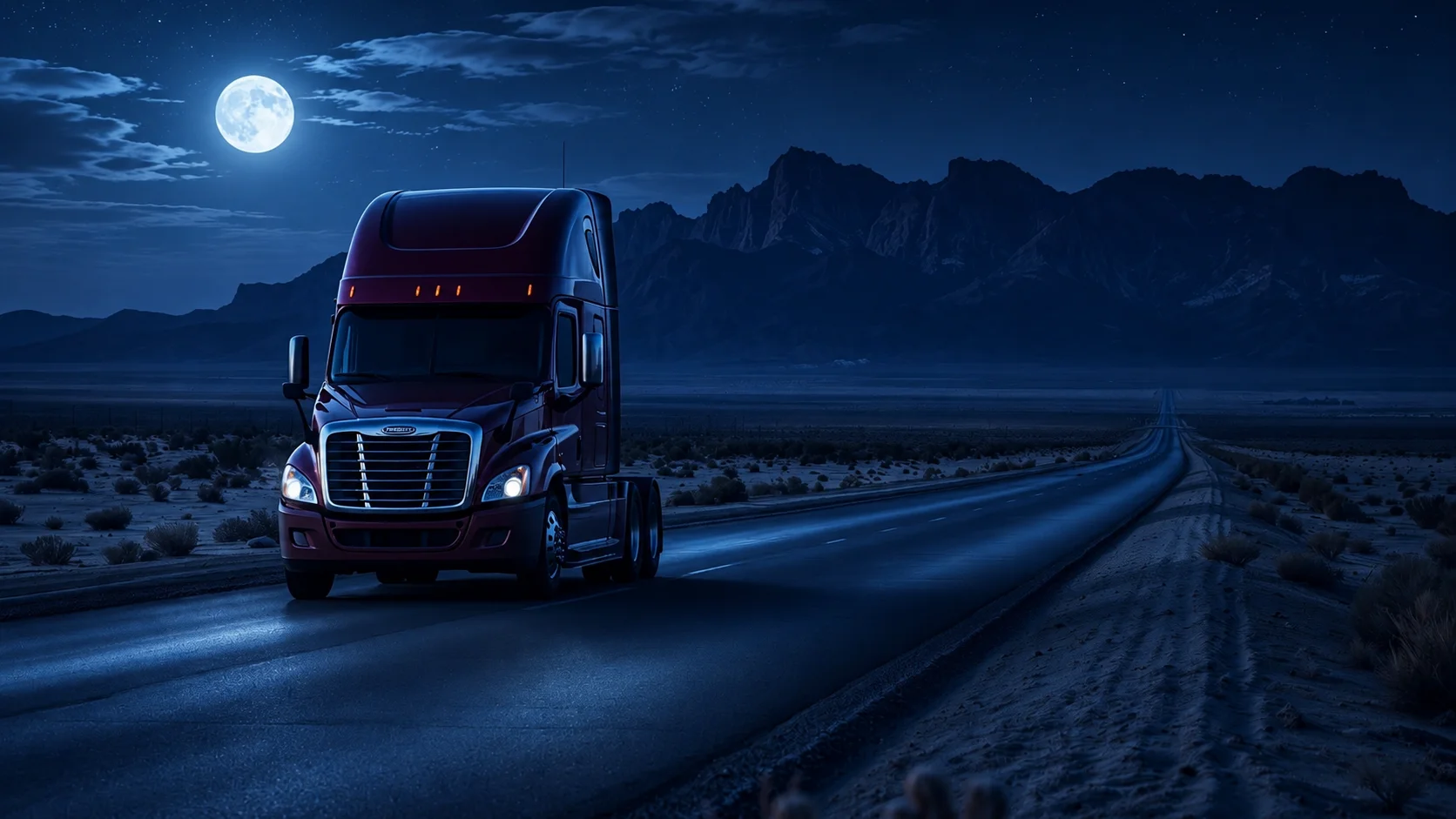 Freightliner Cascadia on a desert highway at night near El Paso