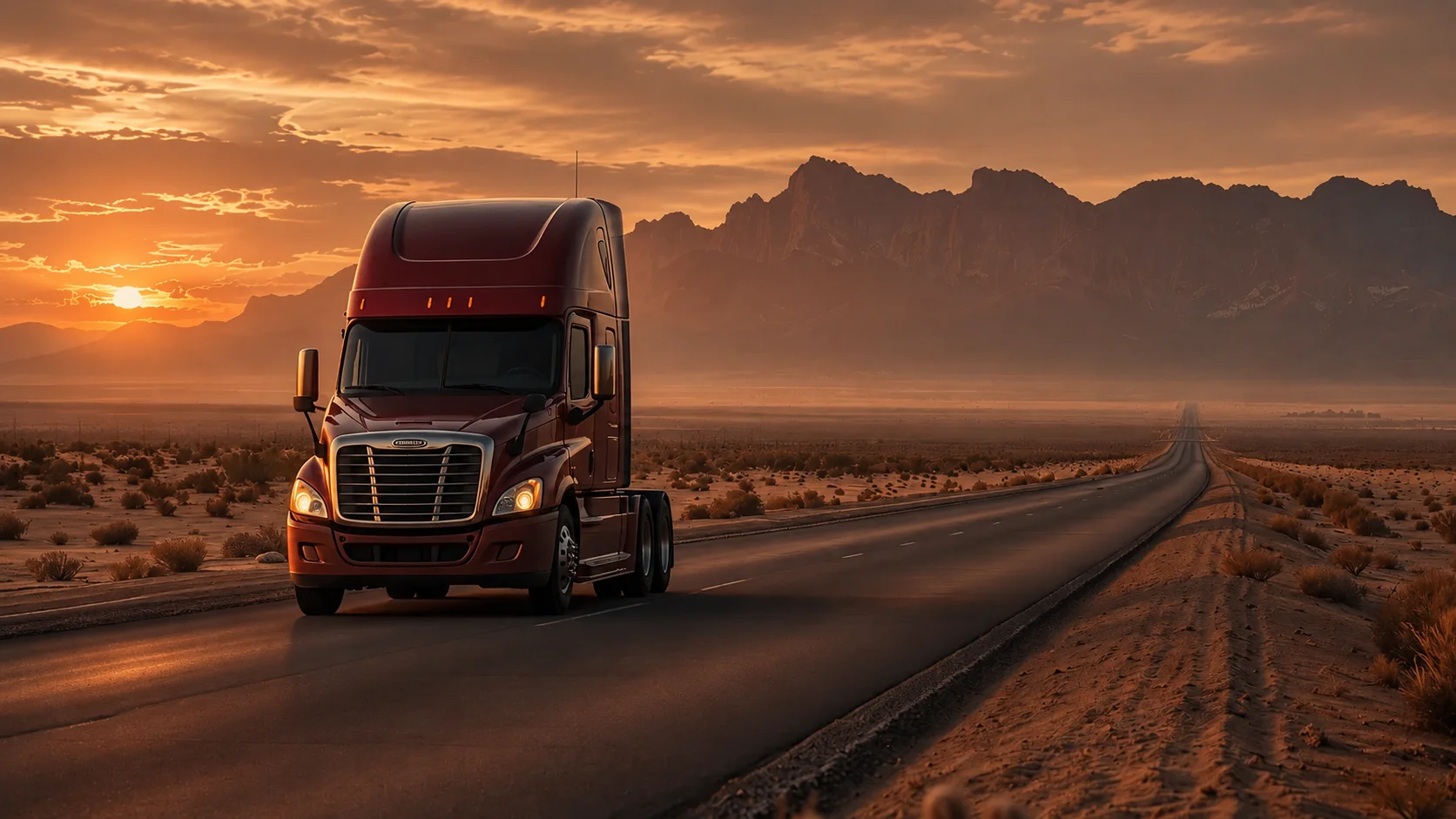 Freightliner Cascadia on a desert highway at sunset near El Paso